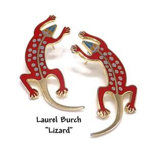 Vintage Laurel Burch Red Enamel "Lizard" Earrings, Gold Filled Posts, 1980s
